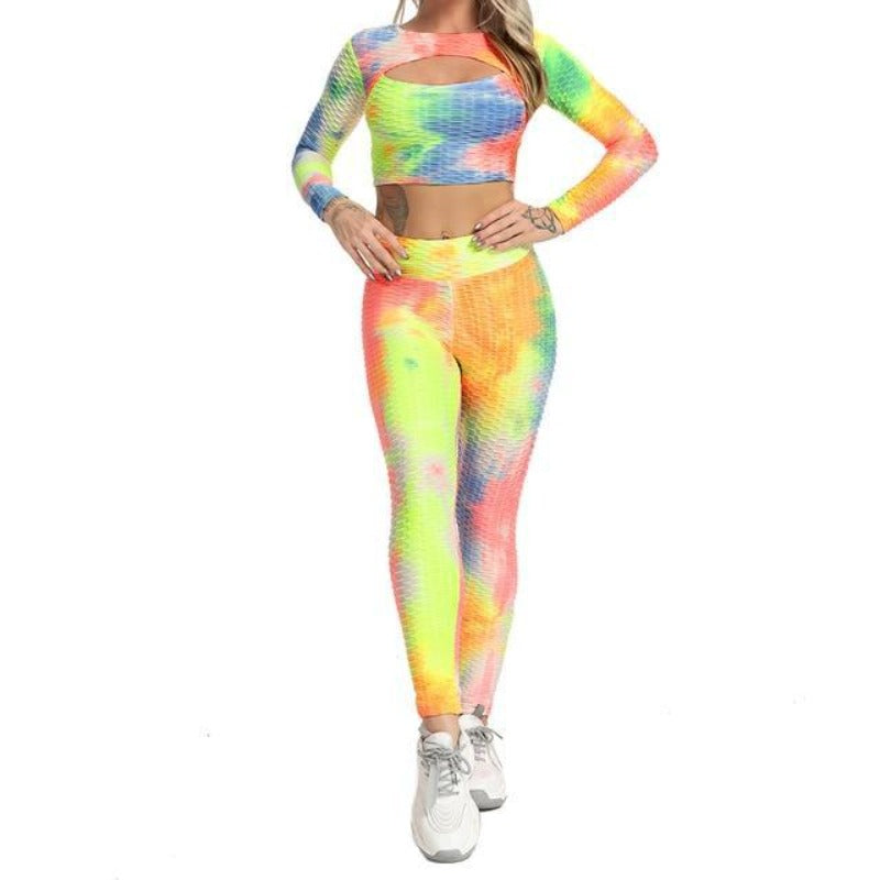 New Pineapple Grid Long-sleeved Trousers Tie-dye Yoga Clothes Sports Fitness Suit - Comfy Collectors